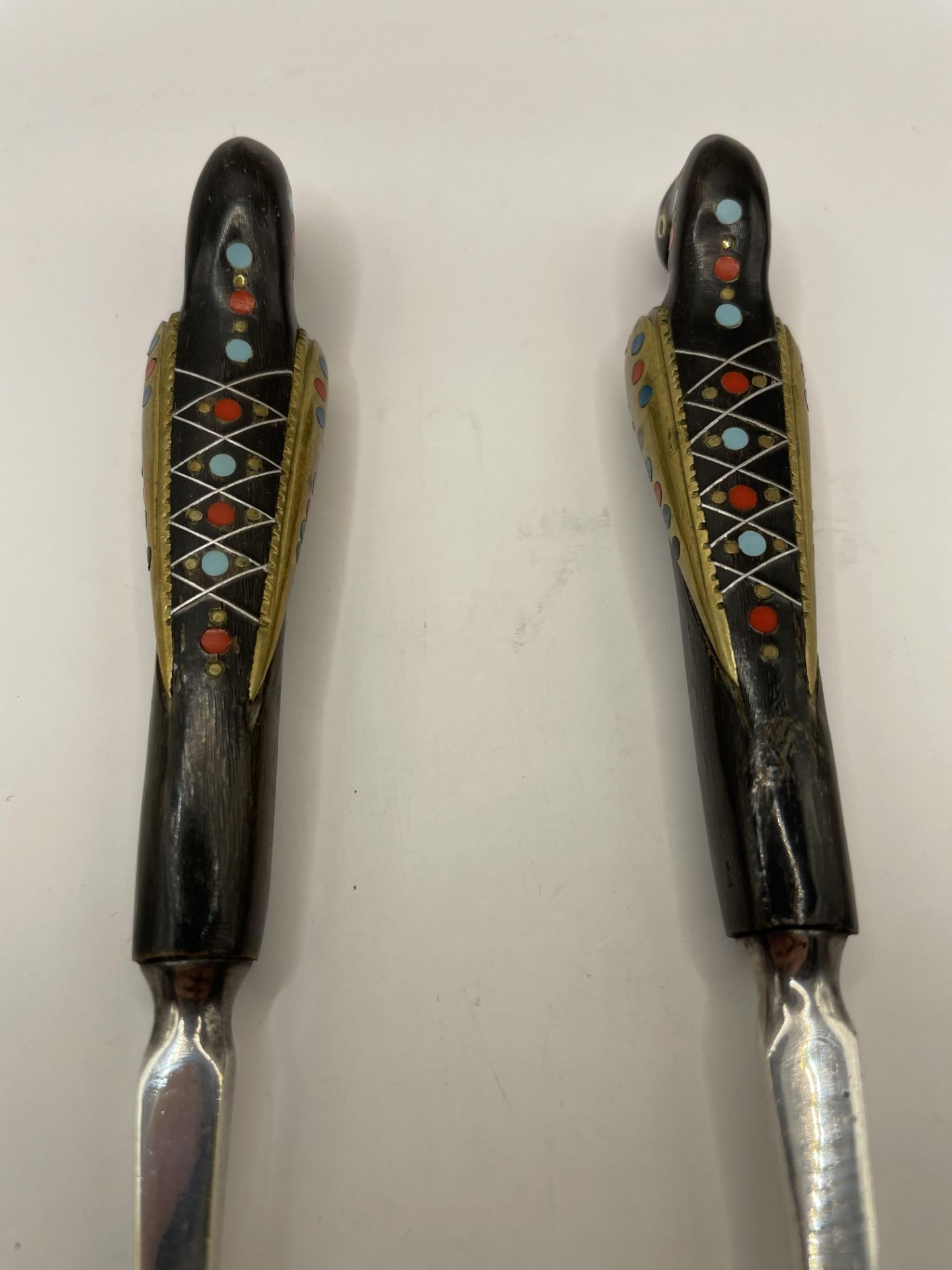 Spoon and Fork with detailed birds as handles and inlaid silver and other metals for detail. - Image 3 of 6