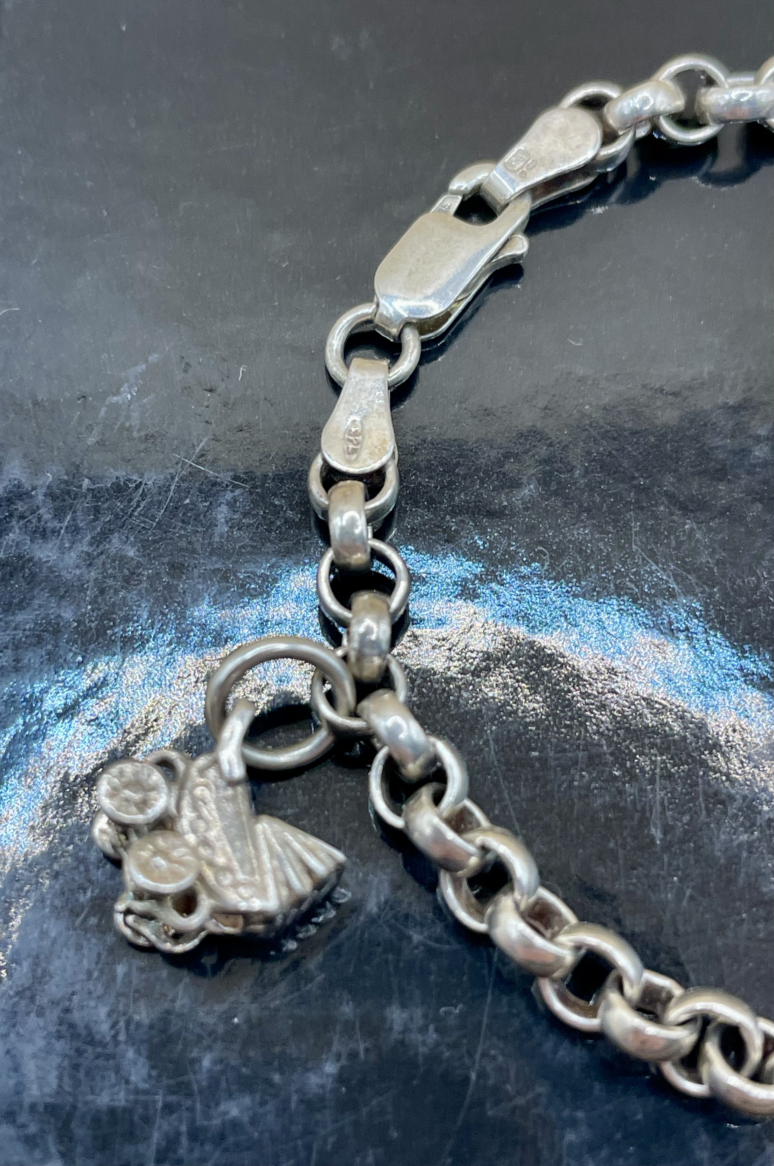 An  antique/vintage Belcher silver 925 charm is chain with silver pram charm.  - Image 3 of 5