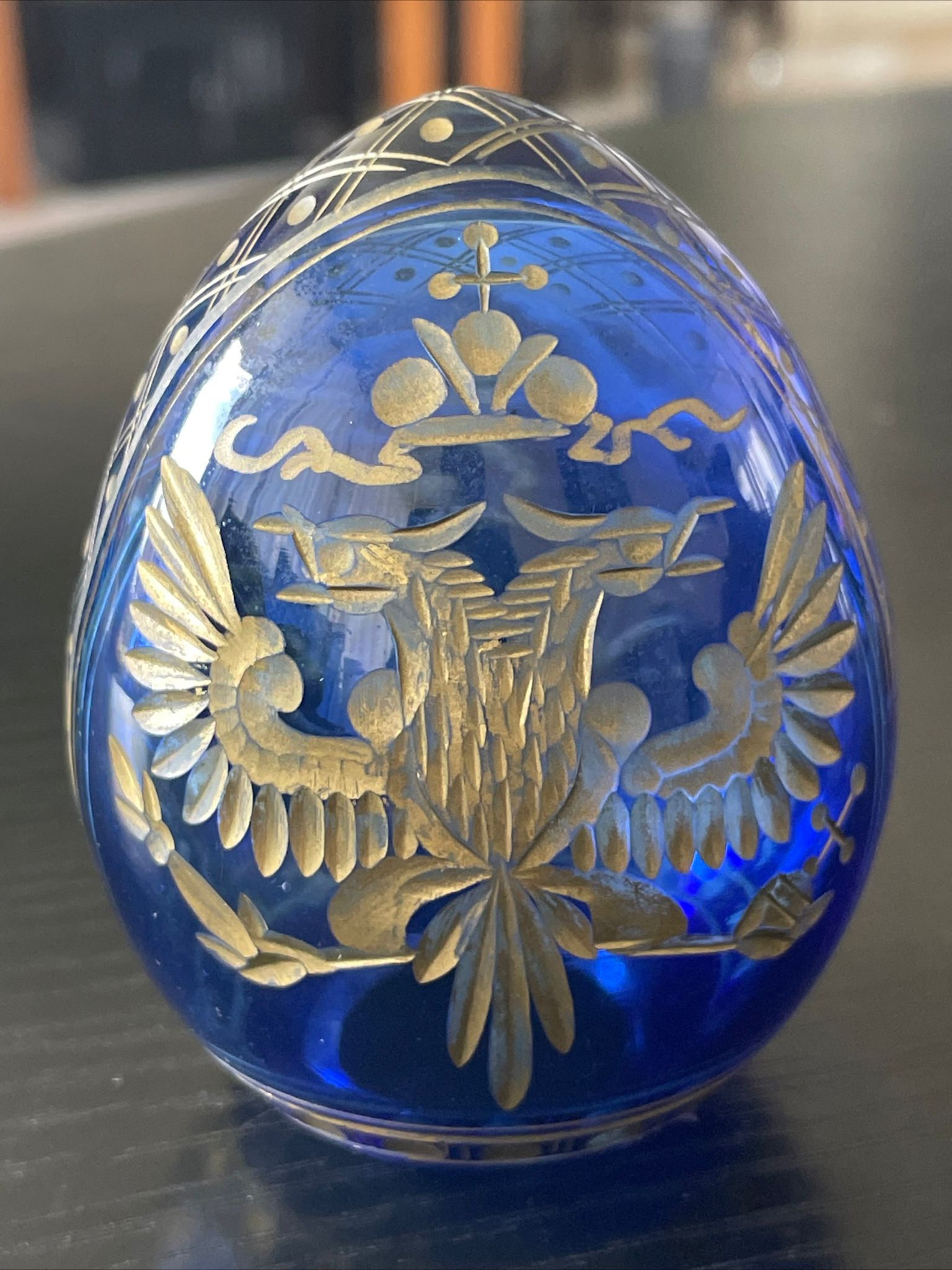 FABERGE STYLE RUSSIAN BLUE GLASS EGG IN EXCELLENT CONDITION