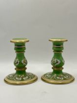 Two lovely Green & Gilt Victorian 1850s Porcelain with pearl glazed finish Candlesticks great condit