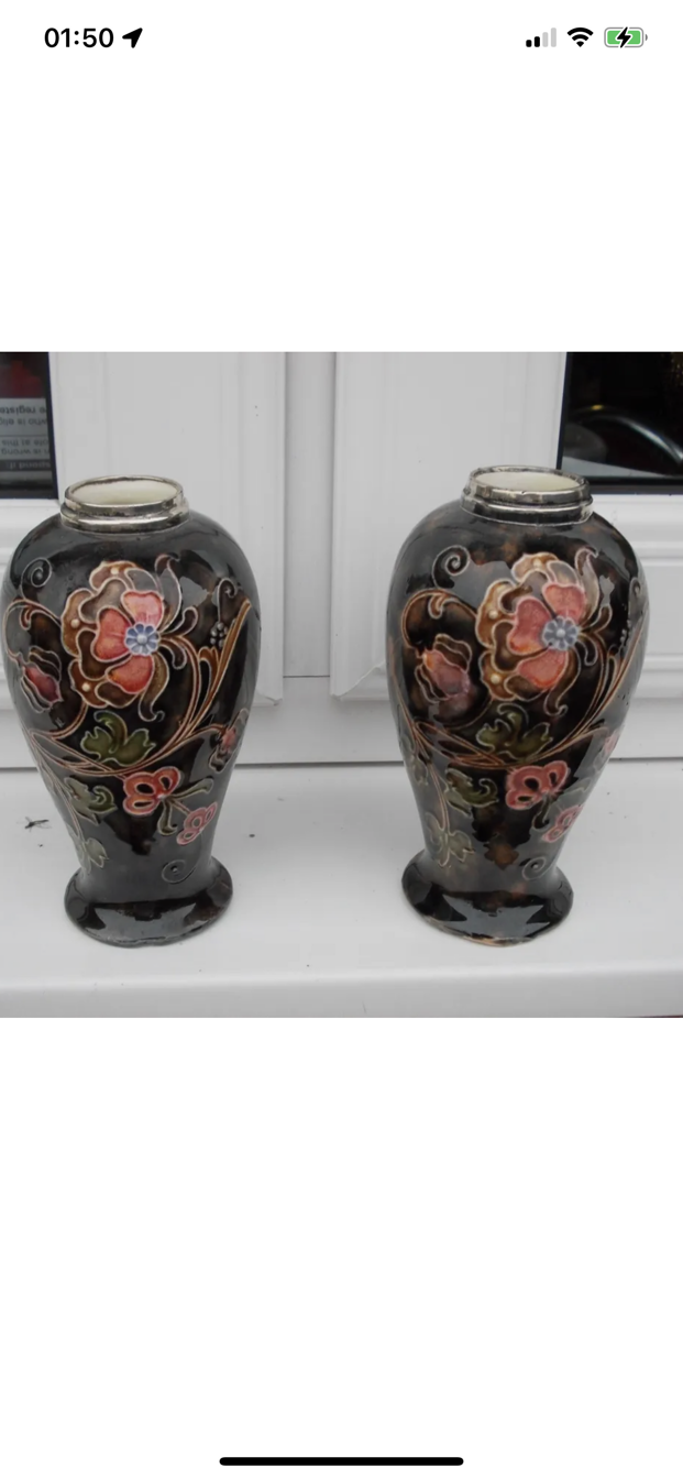 PAIR OPF MOORCROFT STYLE VASES WITH SILVER TOPPED RIMS 
