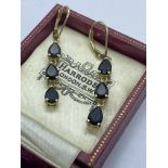 4.70ct PEAR CUT BLACK SPINNEL DROP EARRINGS 14ct GOLD OVER SILVER