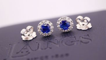 18K WHITE GOLD - 1.01CT SAPPHIRE & DIAMOND STUD EARRINGS; with LAINGS Original Receipt / Certificate