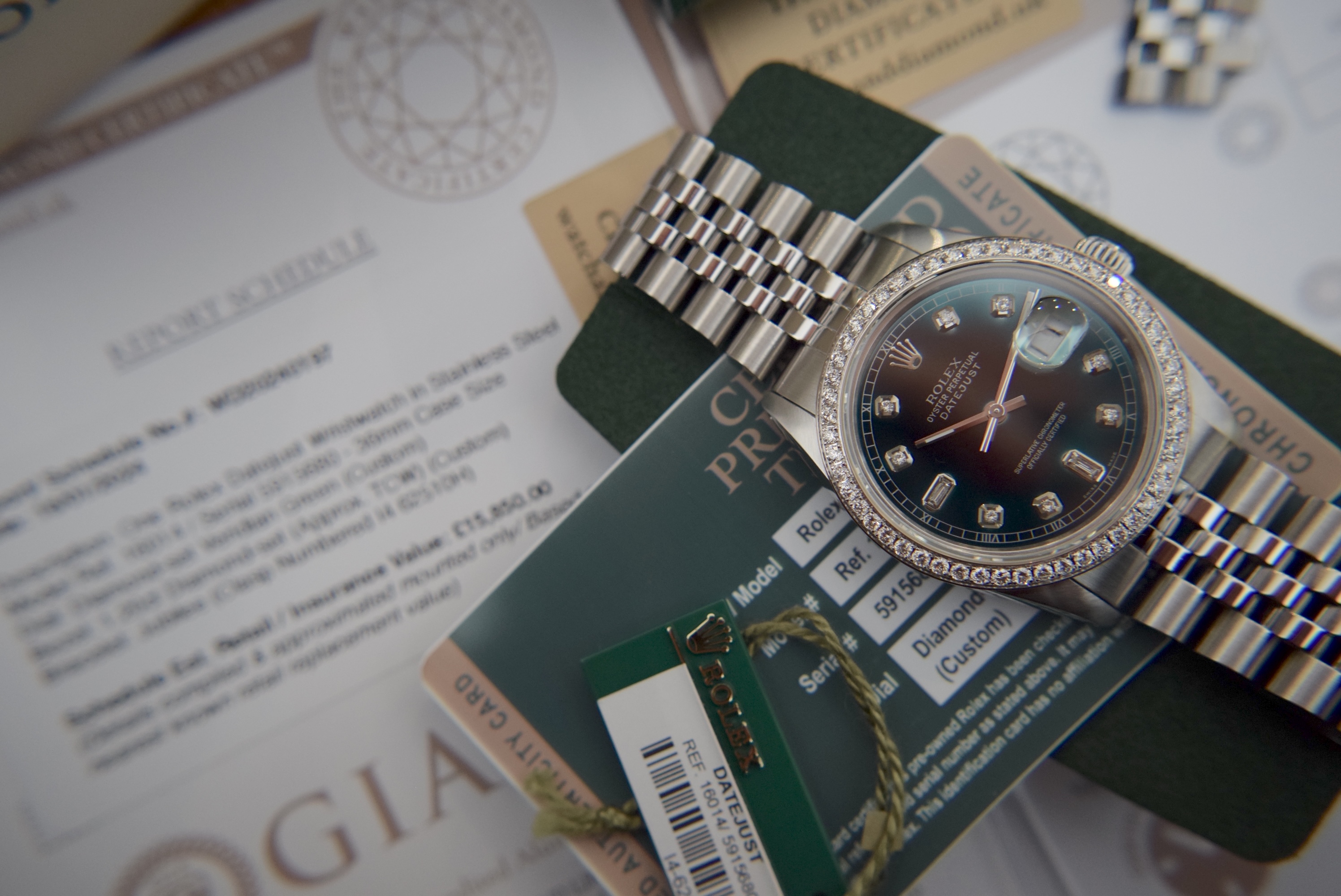 ROLEX DIAMOND DATEJUST *VIRIDIAN GREEN* REF 16014 - STAINLESS STEEL JUBILEE MODEL (BOX/ ACCESSORIES) - Image 13 of 18