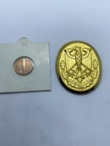 VINTAGE WORLD WAR 2 (WWII) GERMAN MARKSMAN CAP BADGE EAGLE GOLD TONE AND 1939 GERMAN PFENNIG COIN