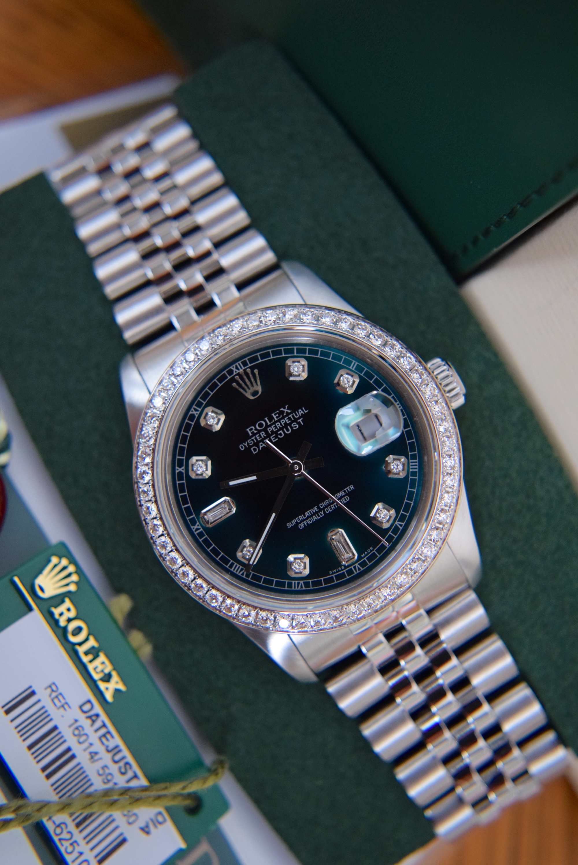 ROLEX DIAMOND DATEJUST *VIRIDIAN GREEN* REF 16014 - STAINLESS STEEL JUBILEE MODEL (BOX/ ACCESSORIES)