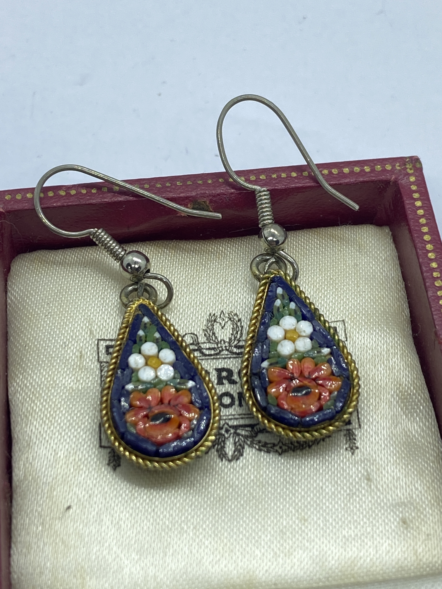 PRETTY VINTAGE MICRO MOSAIC FLORAL DROP EARRINGS