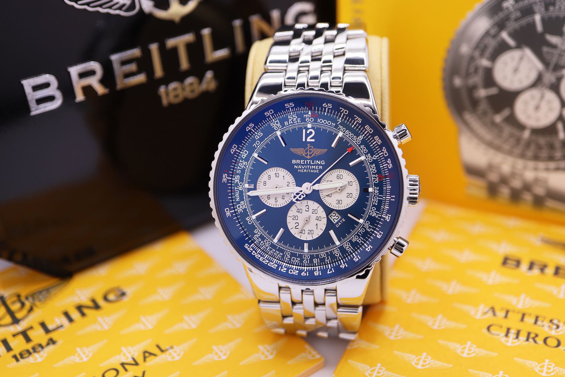 BREITLING NAVITIMER HERITAGE CHRONOGRAPH (REF. A35350) 'FULL SET - BOX, CERTS. ETC.' NAVY DIAL