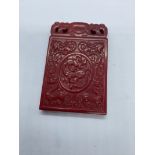 RED JADE CARVED ORNATE CHINESE PENDANT - DRAGON DESIGN