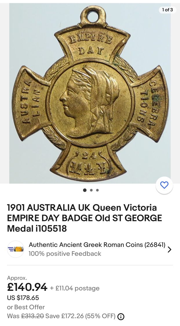 1901 AUSTRALIA UK QUEEN VICTORIA EMPIRE DAY BADGE PENDANT OLD ST GEORGE MEDAL - Image 3 of 3