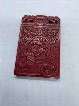 RED JADE CARVED ORNATE CHINESE PENDANT - DRAGON DESIGN