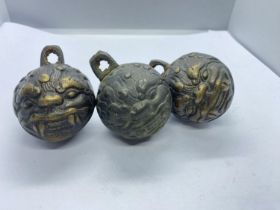THREE RARE BRONZE CHINESE FENG SHUI LION BEAST HEAD BELL PENDANT/ ANIMAL BELL CAST IN METAL