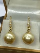 14ct YELLOW GOLD GOLDEN SOUTH SEA PEARL & DIAMOND EARRINGS - INSURANCE VALUATION £3500