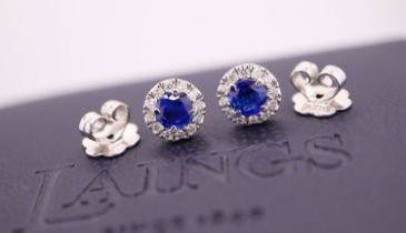 18K WHITE GOLD - 1.01CT SAPPHIRE & DIAMOND STUD EARRINGS; with LAINGS Original Receipt / Certificate