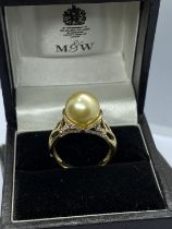 14ct YELLOW GOLD GOLDEN SOUTH SEA PEARL & DIAMOND RING - INSURANCE VALUATION £3000
