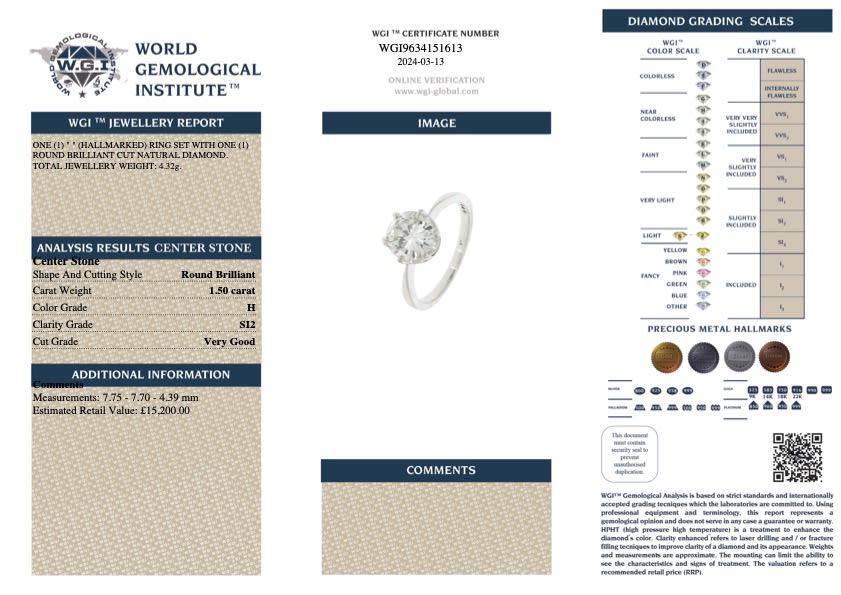 1.50CT NATURAL DIAMOND SOLITAIRE ENGAGEMENT RING (H / SI2) - £15K VALUATION - Image 2 of 3