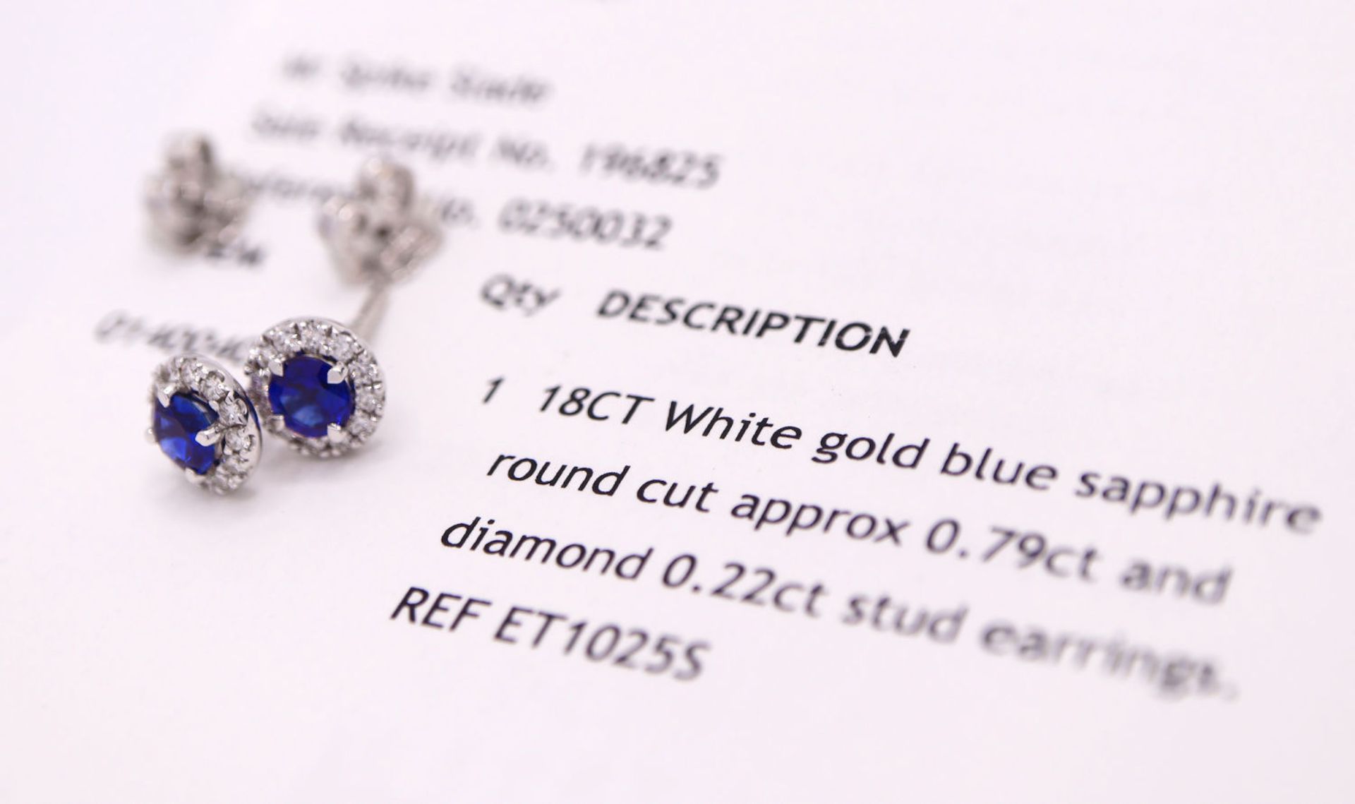 18K WHITE GOLD - 1.01CT SAPPHIRE & DIAMOND STUD EARRINGS; with LAINGS Original Receipt / Certificate - Image 5 of 8