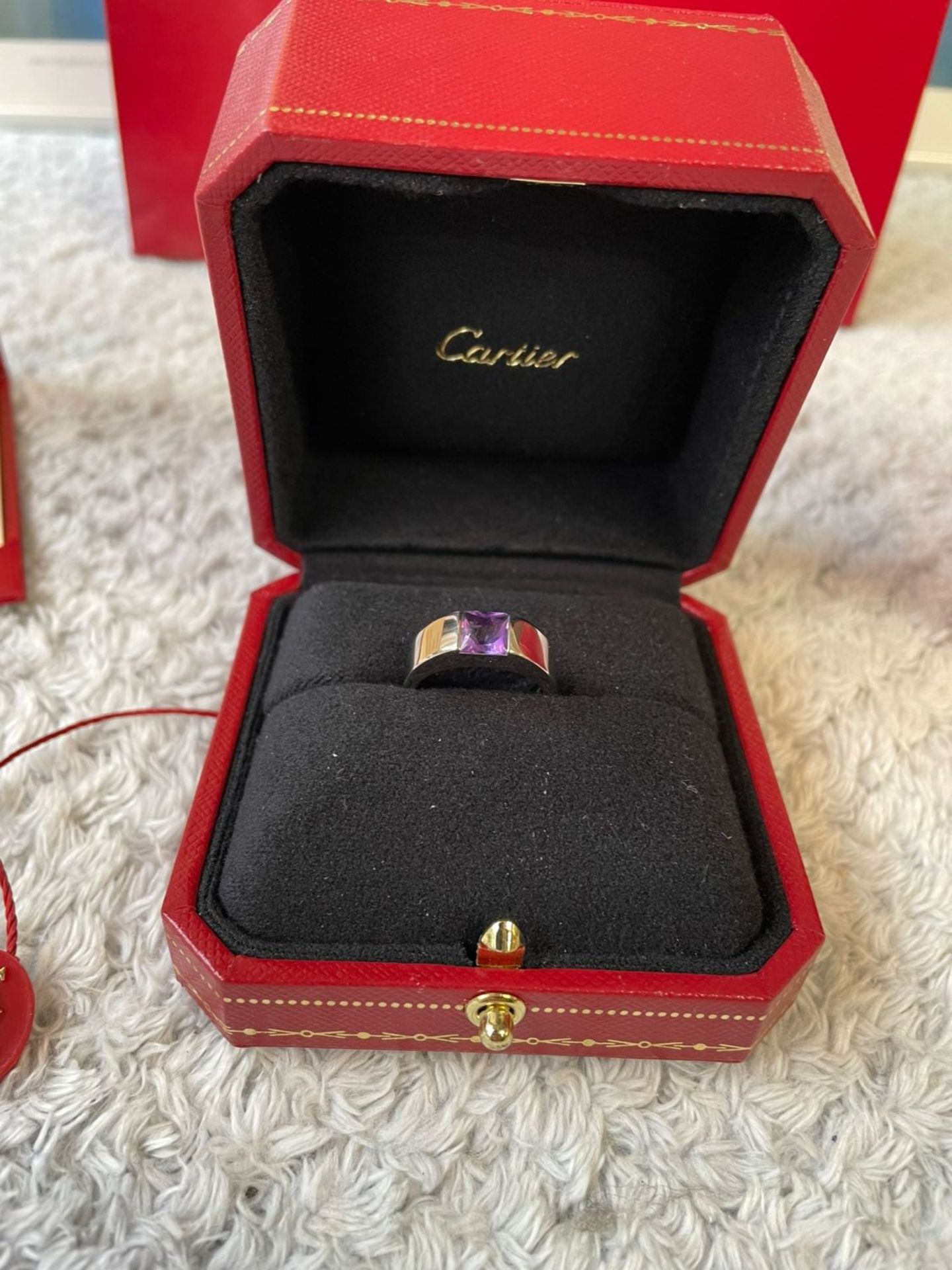 CARTIER - 18K WHITE GOLD / AMETHYST RING WITH BOX & CERTIFICATE