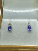 PRETTY 9ct WHITE GOLD TANZANITE AND DIAMOND EARRINGS