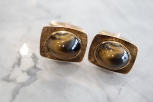 TIGERS EYE CUFFLINKS - 9K YELLOW GOLD