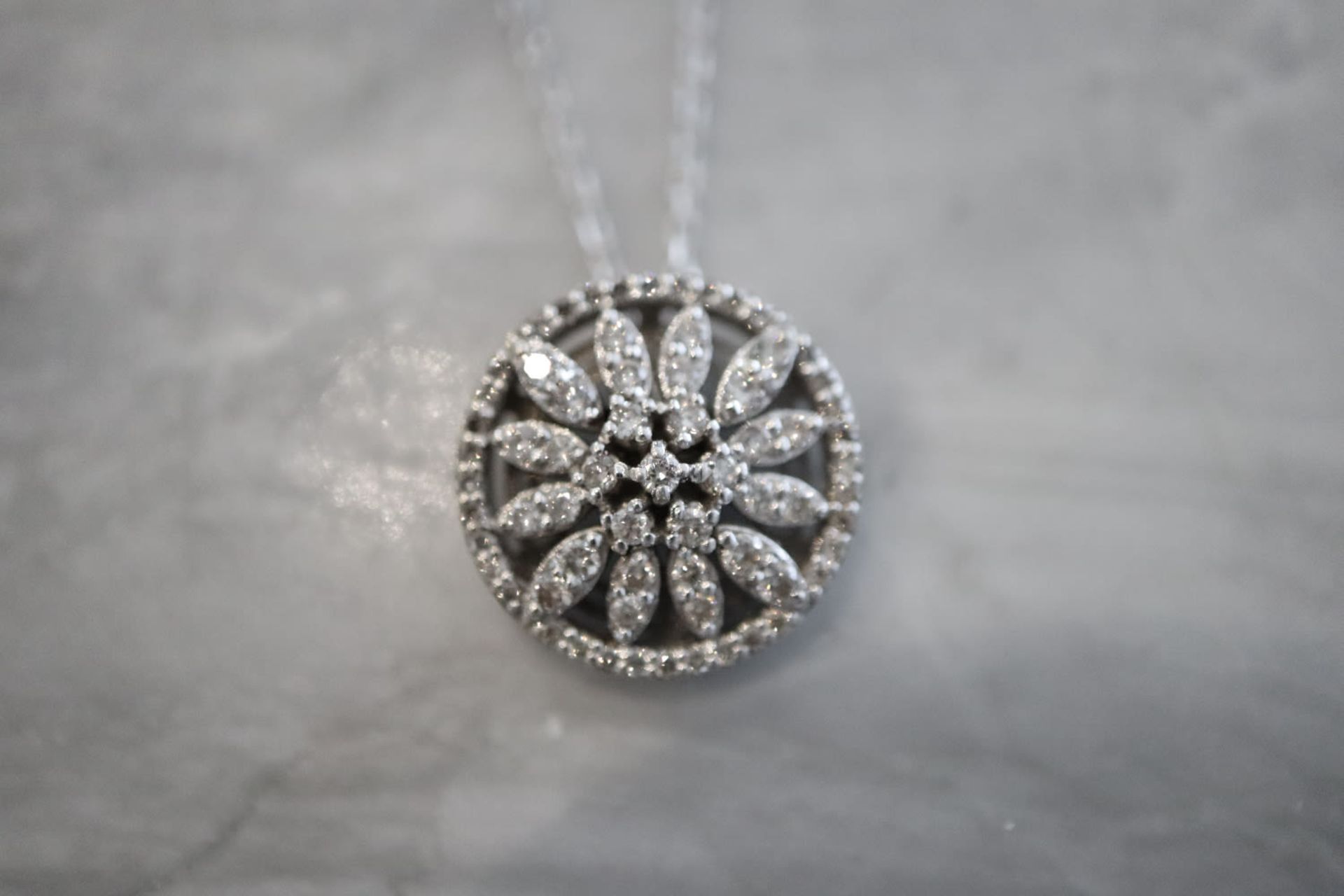 14K WHTE GOLD & DIAMOND CLUSTER PENDANT / on 18K WHITE GOLD CHAIN