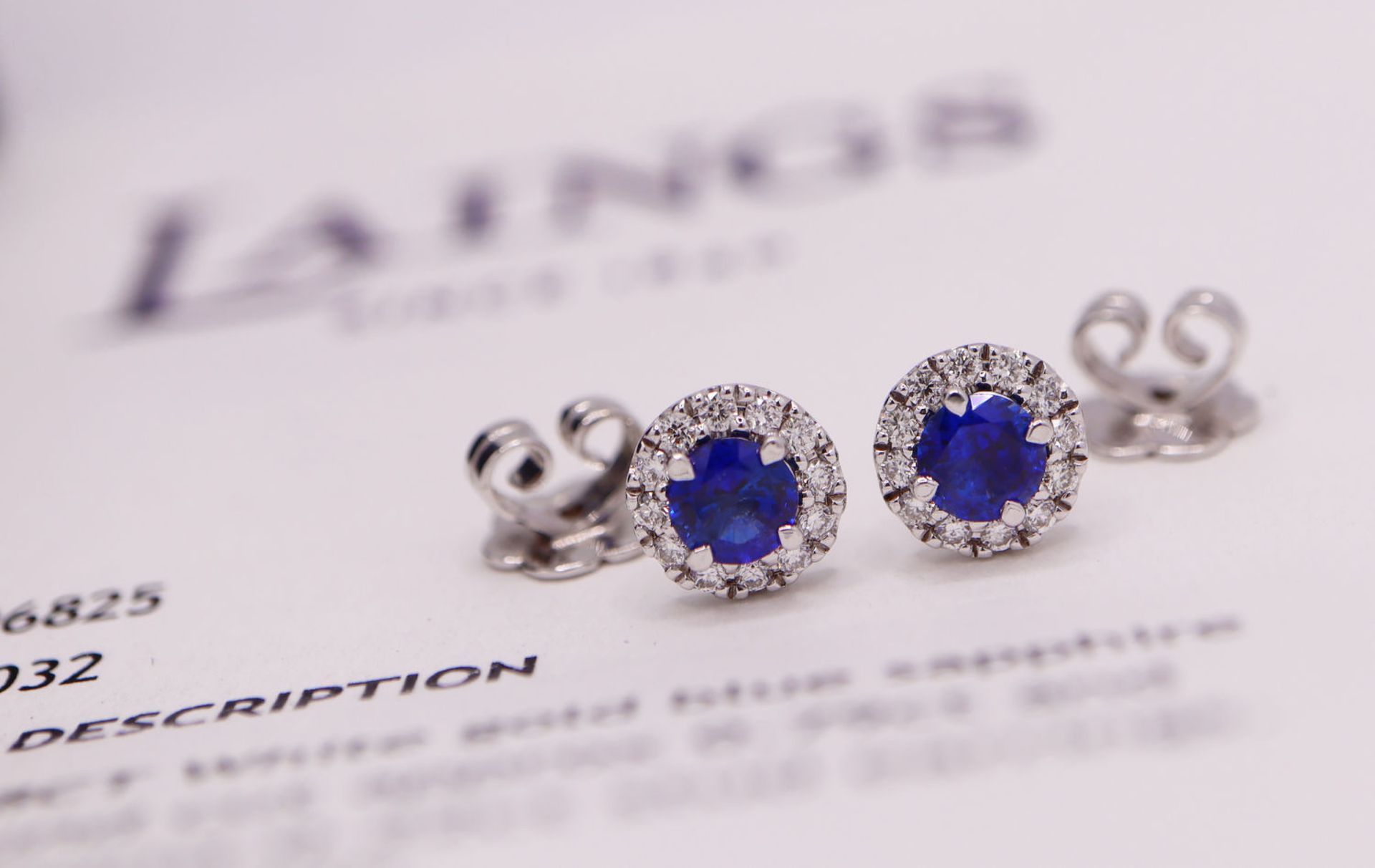 18K WHITE GOLD - 1.01CT SAPPHIRE & DIAMOND STUD EARRINGS; with LAINGS Original Receipt / Certificate - Image 2 of 8