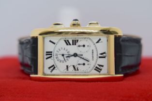 18K GOLD CARTIER TANK AMERICAINE REF. 1730 ON BLACK LEATHER WITH CARTIER SIGNED CLASP