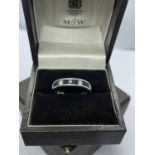 FINE BLUE SAPPHIRE & DIAMOND CHANNEL SET RING IN WHITE METAL TESTED AS 18ct WHITE GOLD - APPROX 5 GR