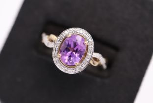 AMETHYST & DIAMOND 'HALO' RING - UK SIZE: P (9K GOLD)