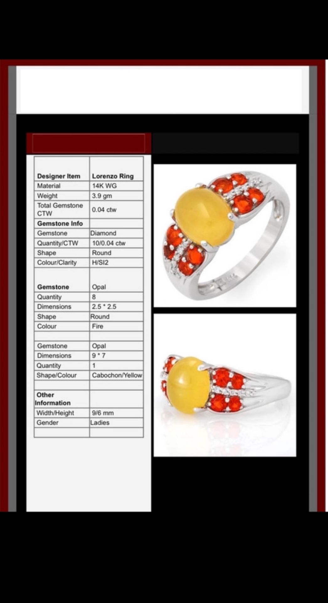 14ct WHITE GOLD CABOCHON YELLOW OPAL, DIAMOND & FIRE OPAL RING - SIZE T APPROX - Image 2 of 4