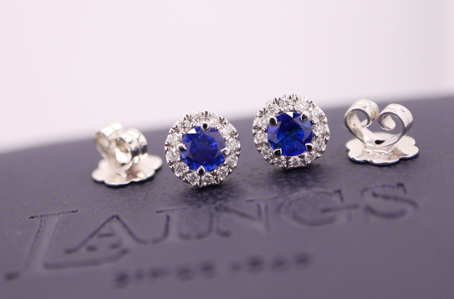 18K WHITE GOLD - 1.01CT SAPPHIRE & DIAMOND STUD EARRINGS; with LAINGS Original Receipt / Certificate - Image 6 of 8