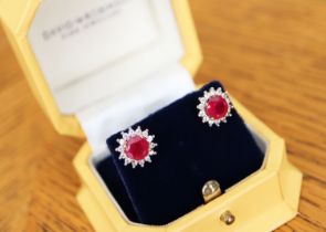 2.52CT RUBY & DIAMOND SET EAR STUDS IN YELLOW GOLD (ROUND BRILLIANT CUTS)