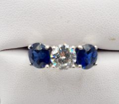 3.03CT SAPPHIRE & DIAMOND (H/VS1) TRILOGY RING - IN 18K WHITE GOLD