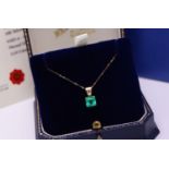 1.14CT COLUMBIAN EMERALD PENDANT in 18CT YELLOW GOLD with DIAMOND SET BALE