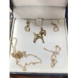 9ct GOLD STIRRUP EARRINGS AND HORSE PENDANT - CHAIN AS FOUND