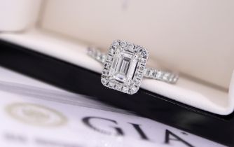 1.02CT EMERALD CUT DIAMOND HALO RING; *GIA* CERTIFIED VS2 / D (950 PLATINUM)