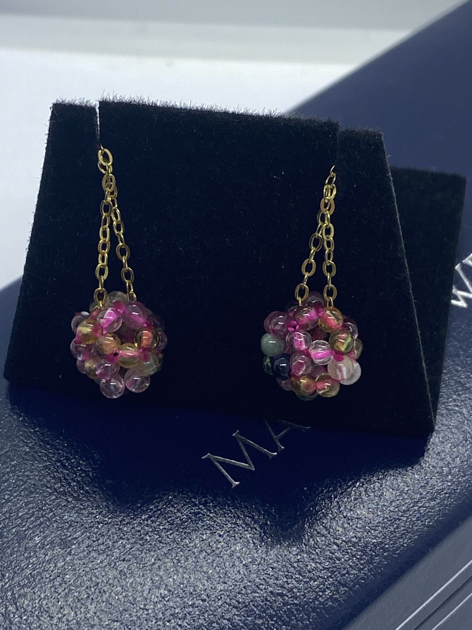 PRETTY MULTI COLOURED GEM SET EARRINGS IN YELLOW METAL