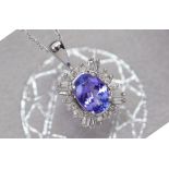 14ct WHITE GOLD - (1.45CT) 'STUNNING' TANZANITE & DIAMOND PENDANT with CERTIFICATE