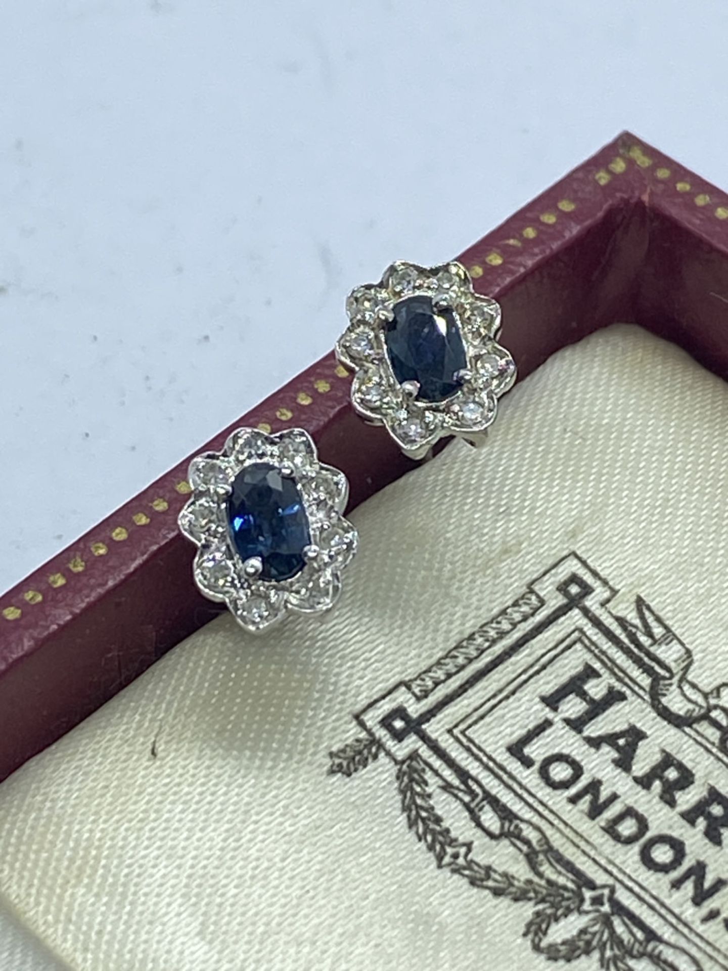 STUNNING BLUE SAPPHIRE AND DIAMOND EARRINGS SET IN 14CT WHITE GOLD