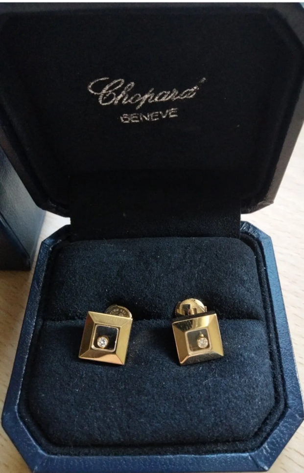 18ct GOLD CHOPARD HAPPY DIAMOND EARRINGS WITH CERTIFICATE ETC 