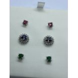 BLUE SAPPHIRE, RUBY, EMERALD AND DIAMOND INTERCHANGEABLE EARRINGS SET IN WHITE METAL