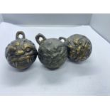 THREE RARE BRONZE CHINESE FENG SHUI LION BEAST HEAD BELL PENDANT/ ANIMAL BELL CAST IN METAL