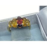 9ct GOLD GARNET CITRINE RING 