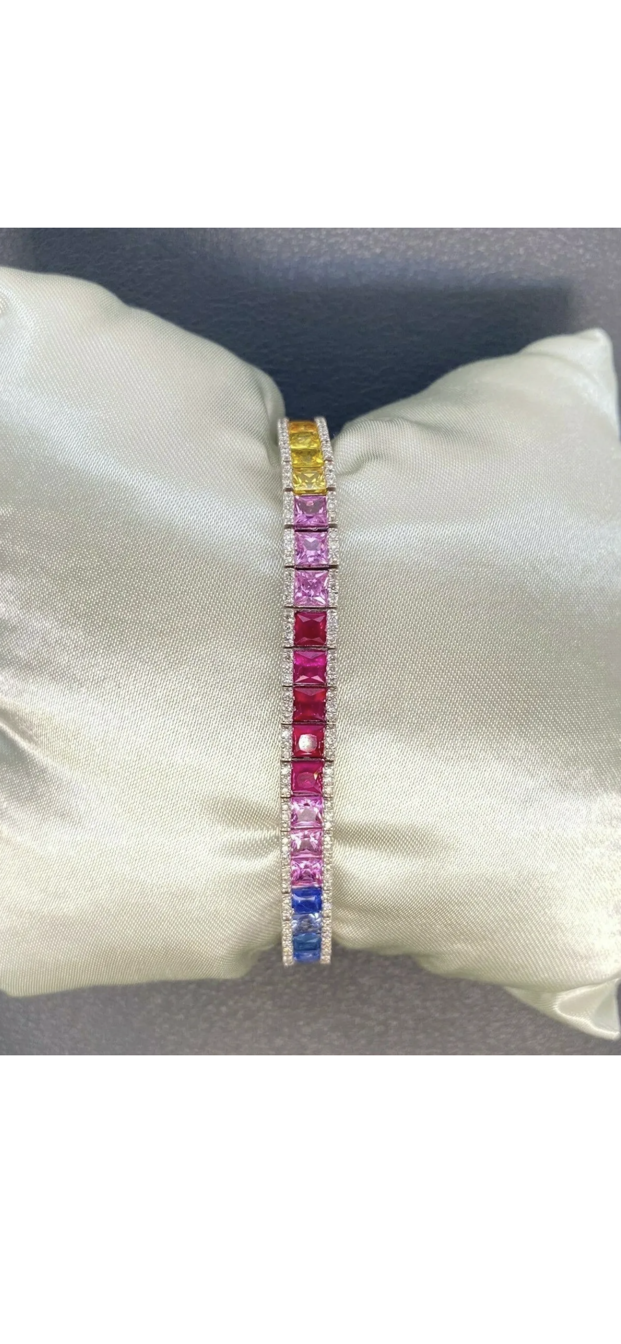 STUNNING 18.00ct RAINBOW MULTI COLOUR SAPPHIRE & DIAMOND TENNIS BRACELET - Bild 3 aus 3