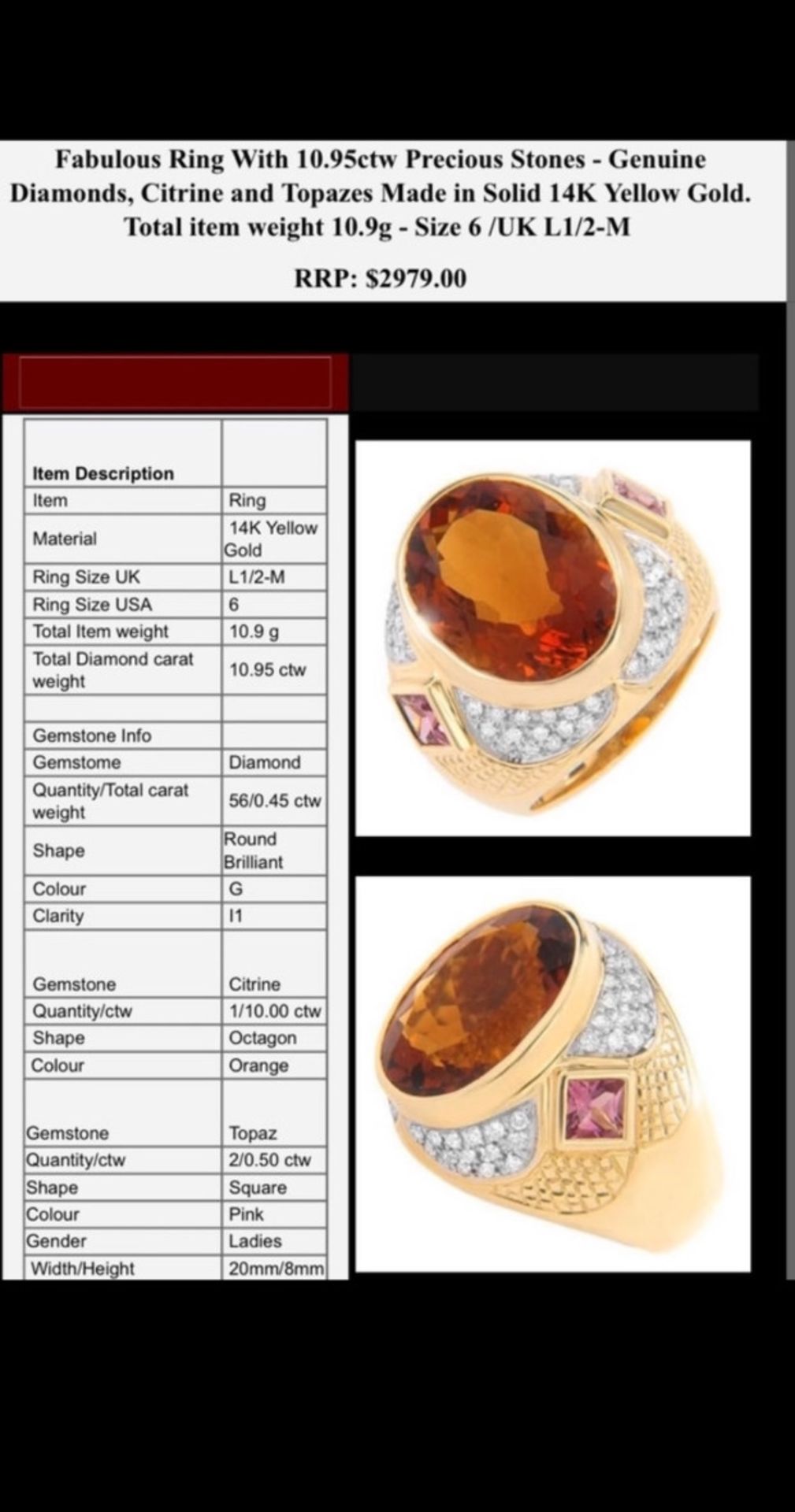 IMPRESSIVE 14ct YELLOW GOLD RING SET WITH 10.00ct CITRINE & DIAMOND WITH PINK TOPAZ - £3000 INSURANC