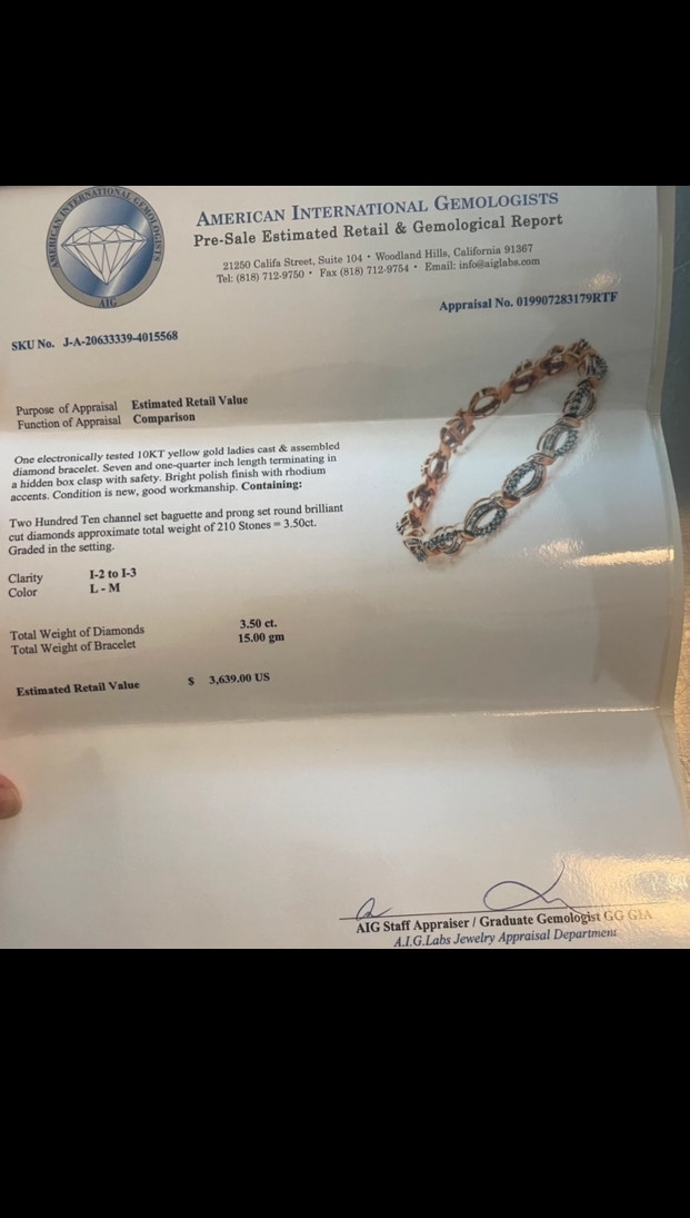 14CT YELLOW GOLD 3.50CT DIAMOND BRACELET WITH $3639 AIG VALUATION REPORT - - Image 2 of 3