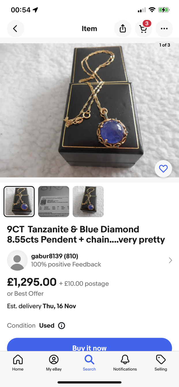 9ct GOLD STUNNING TANZANITE APPROX. 7.00ct AND BLUE DIAMOND PENDANT WITH CHAIN APPROX. LENGTH 16' - Bild 2 aus 3