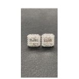 1.00ct F/SI ROUND & BAGUETTE CUT DIAMOND HALO STUD EARRINGS SET IN WHITE GOLD