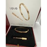 18ct GOLD CARTIER LOVE BANGLE WITH ORIGINAL BOXES, WRAPPING, WARRANTY CARD ETC