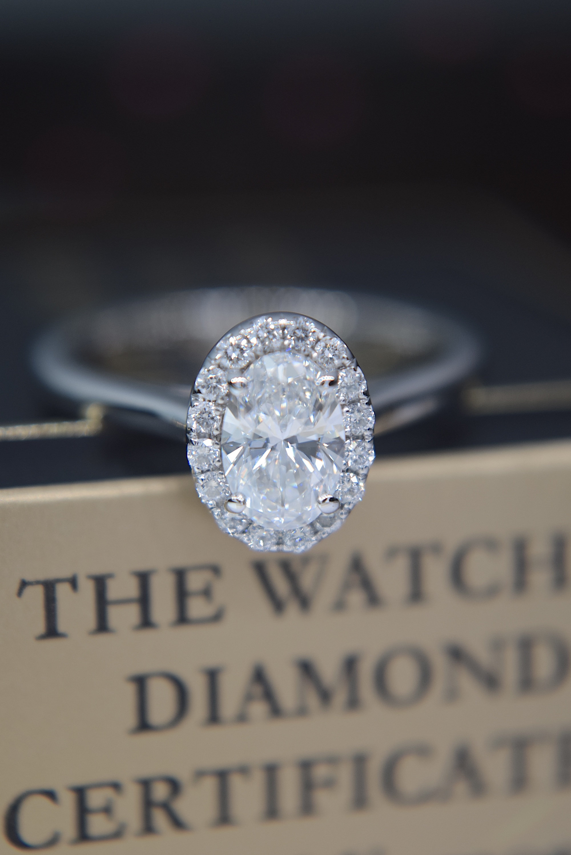 GIA DIAMOND PLATINUM HALO OVAL RING - WITH GIA DIAMOND DOSSIER CERT/ £4,995.00 VALUATION & BOX - Image 9 of 14